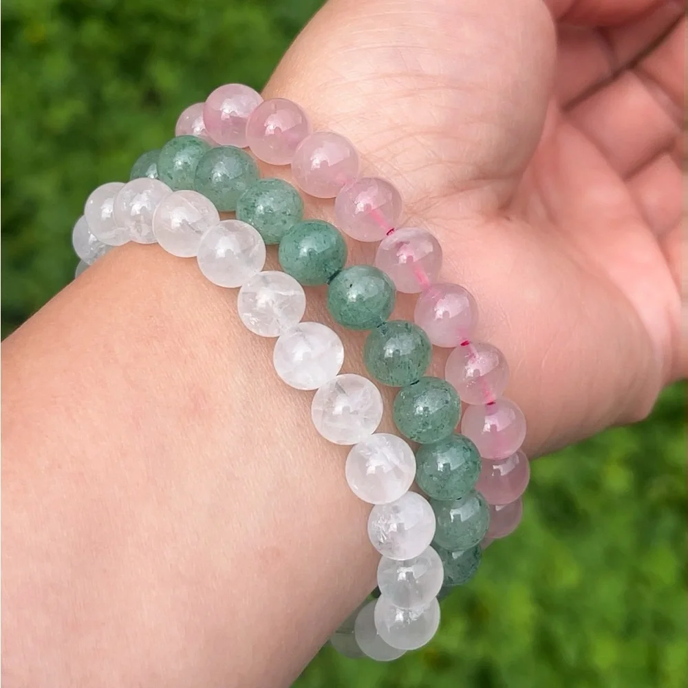 8mm stretchable‎ rose quartz, clear quartz, green strawberry quartz bracelet set